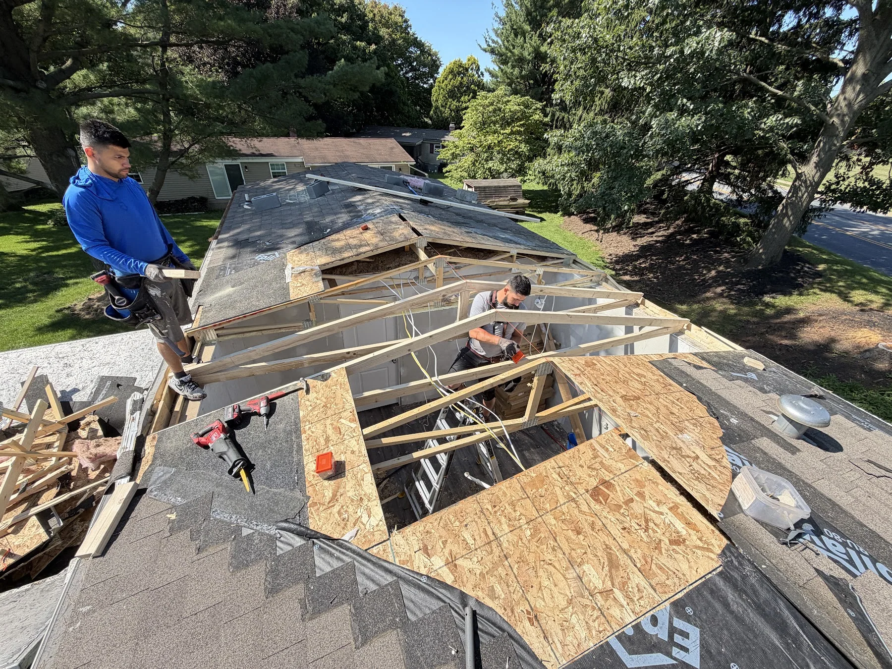 Roof decking and framing during construction