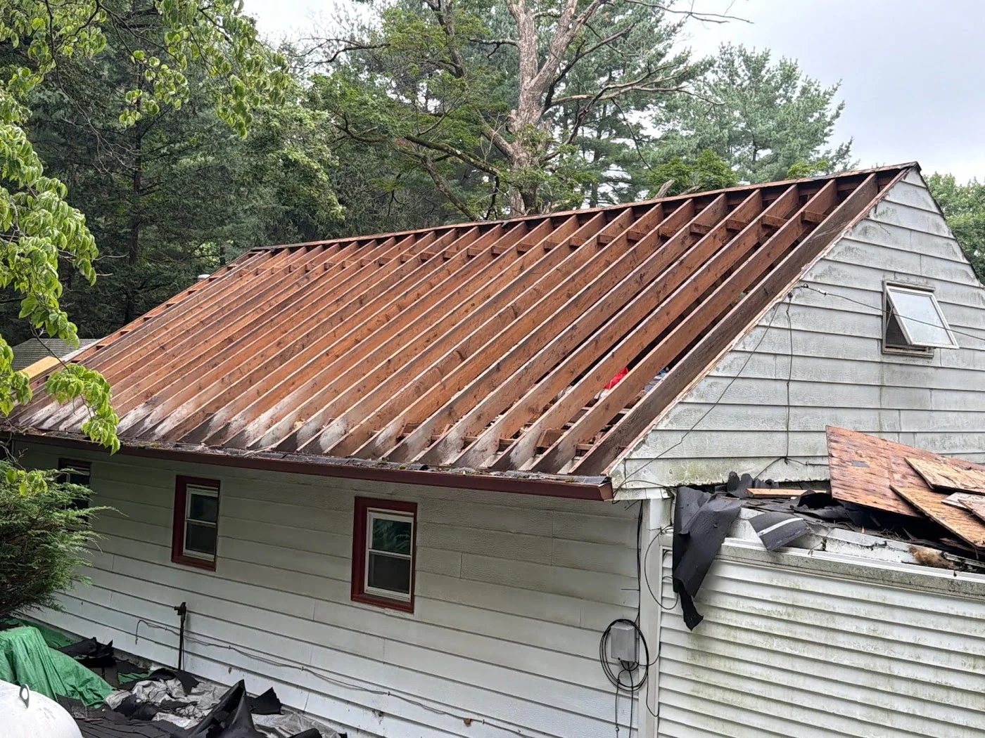 Exposed roof rafters during construction