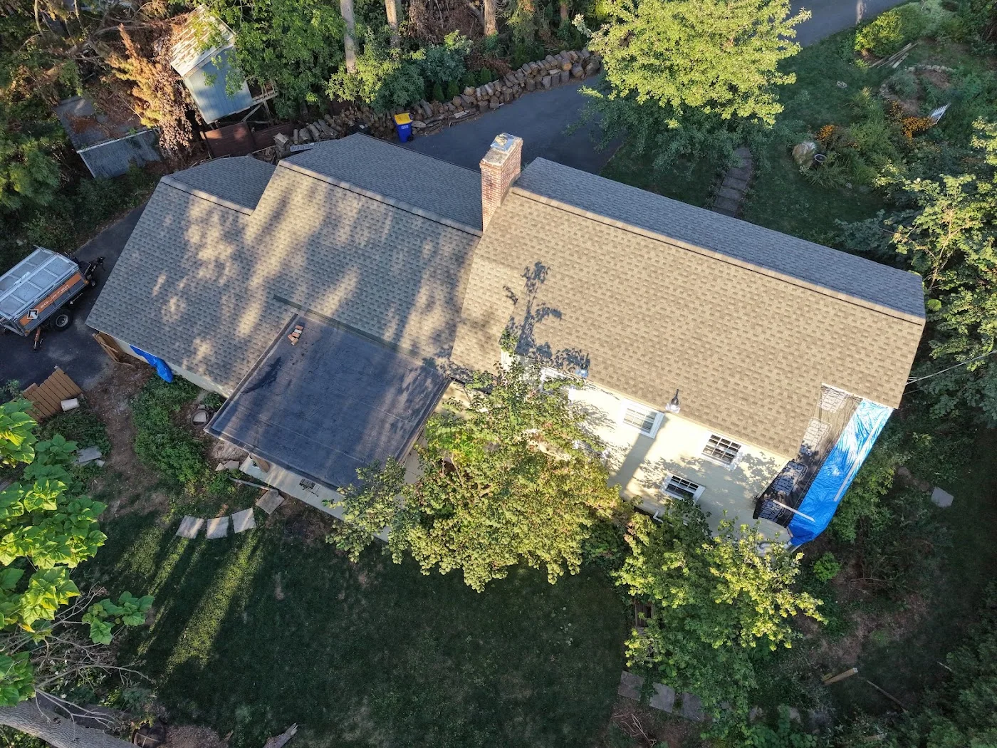 Aerial view of roof construction on a home