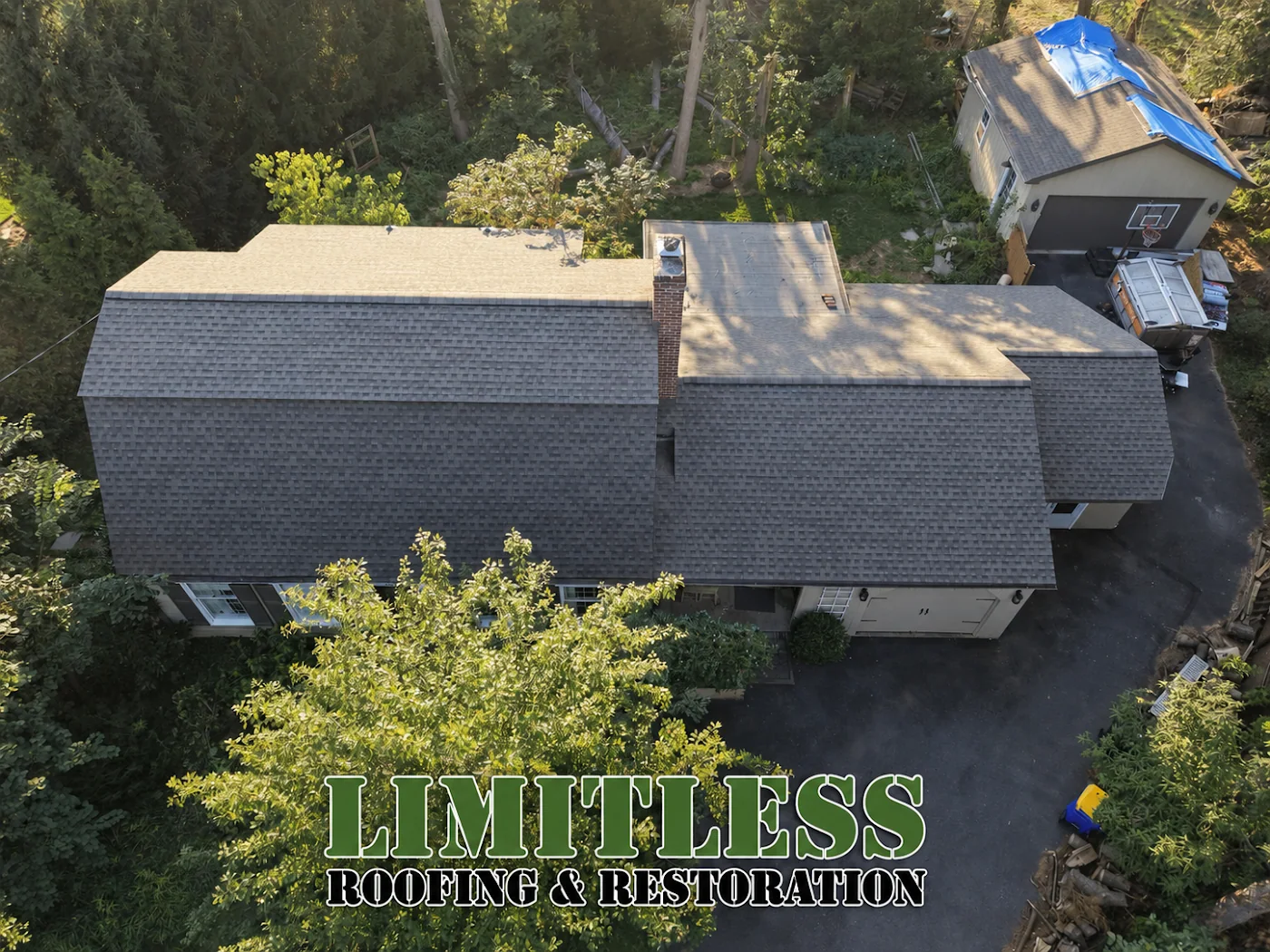 Dark shingle roof seen from above
