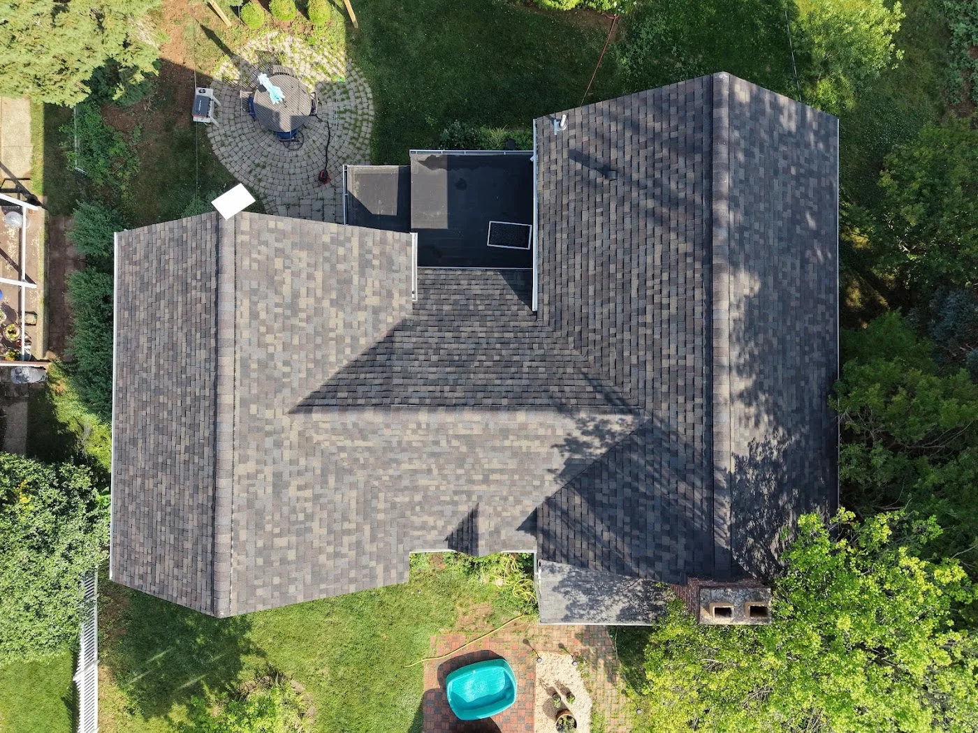 Overhead view of a dark shingle roof