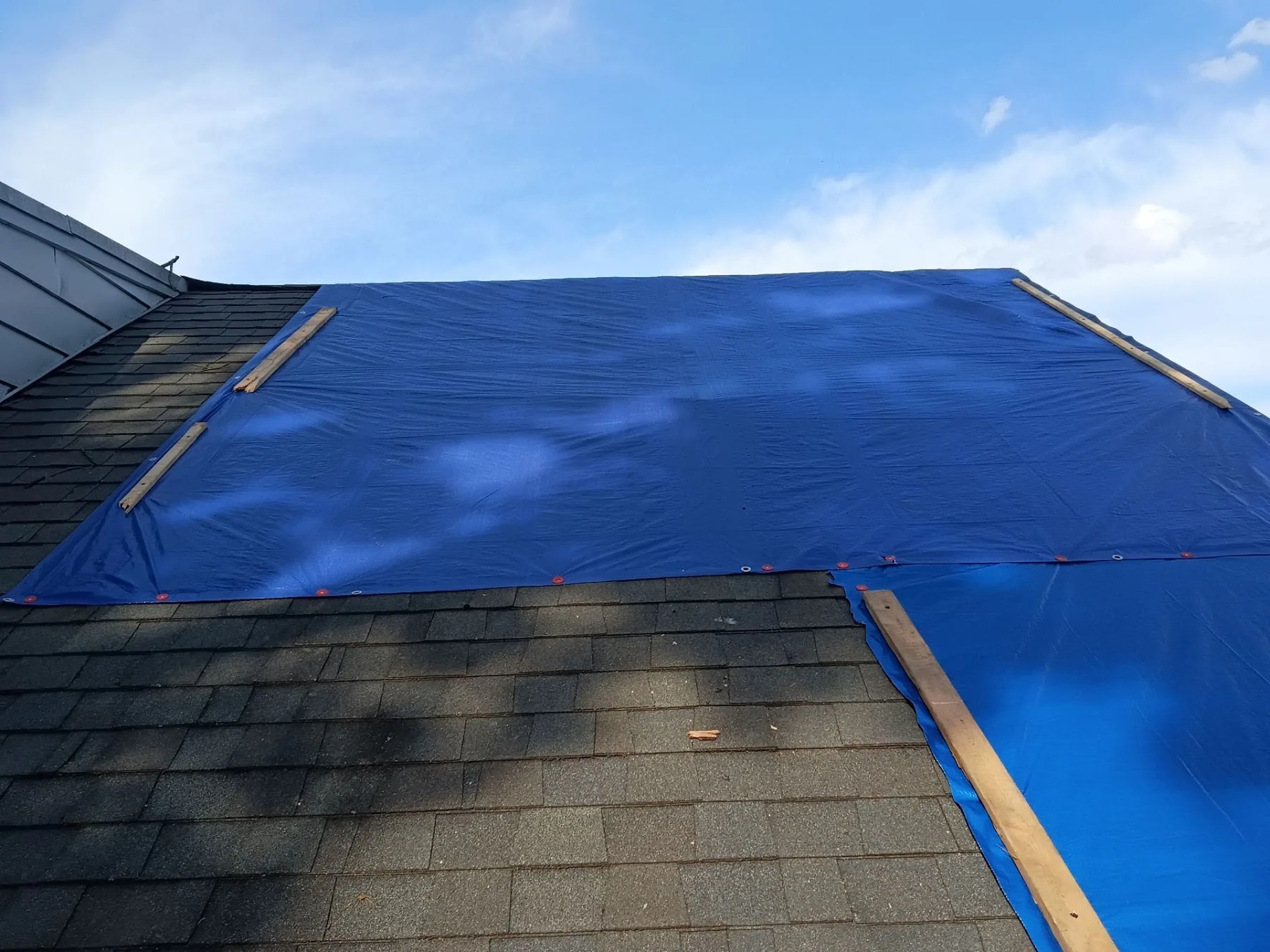 Large blue tarp secured on a shingle roof