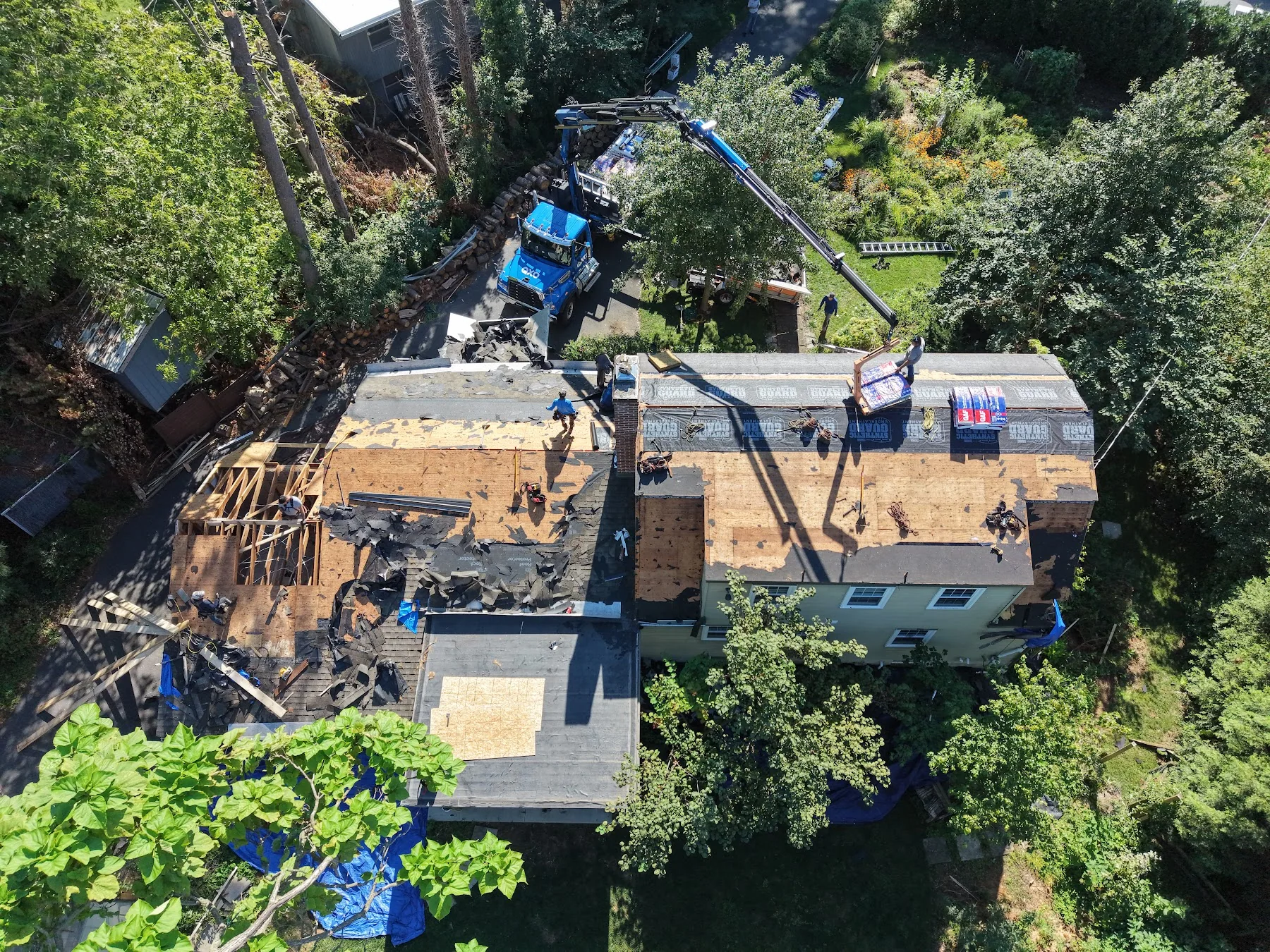 Exposed roof framing on a home photographed from above