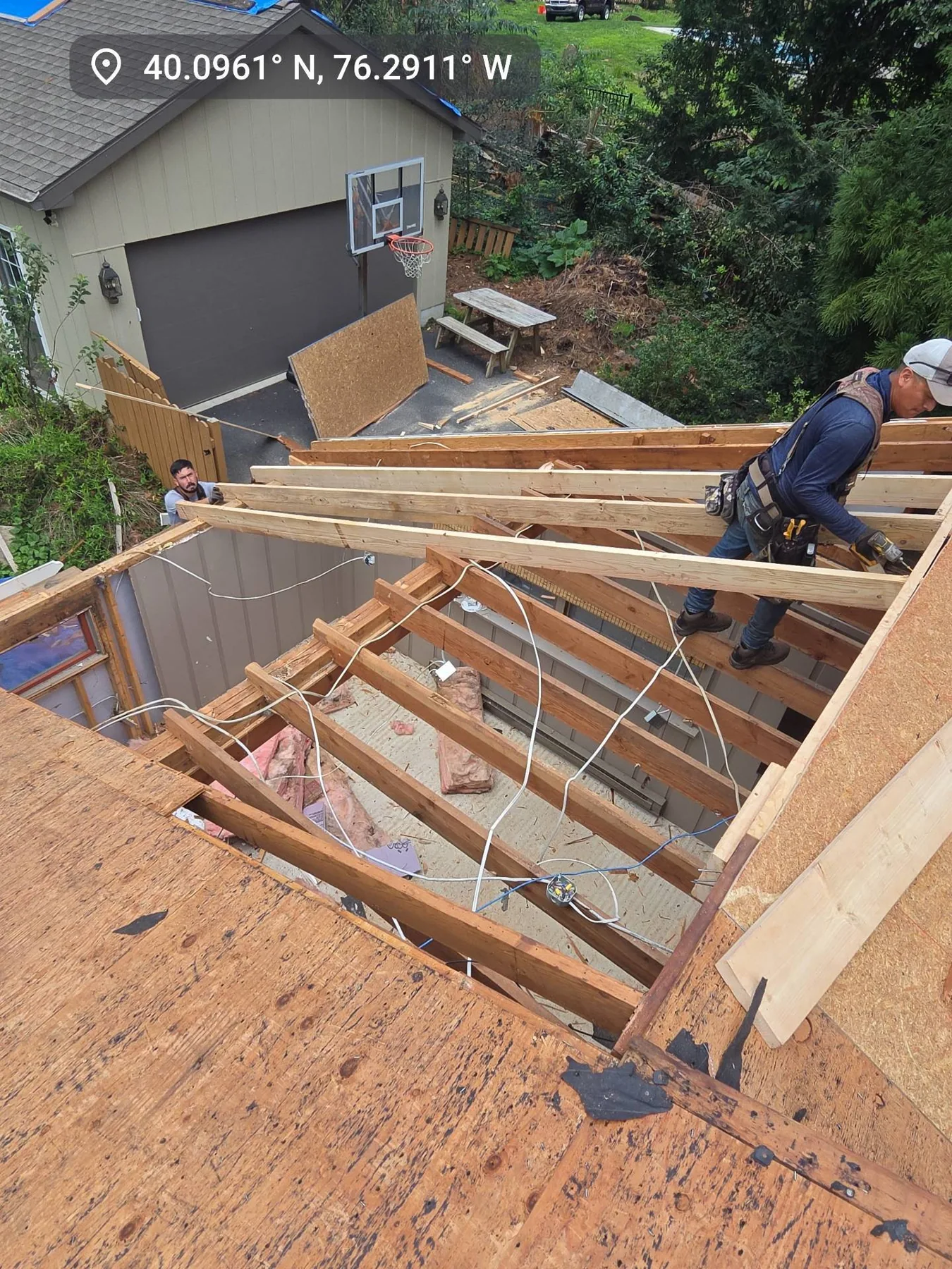 Wood roof framing under construction