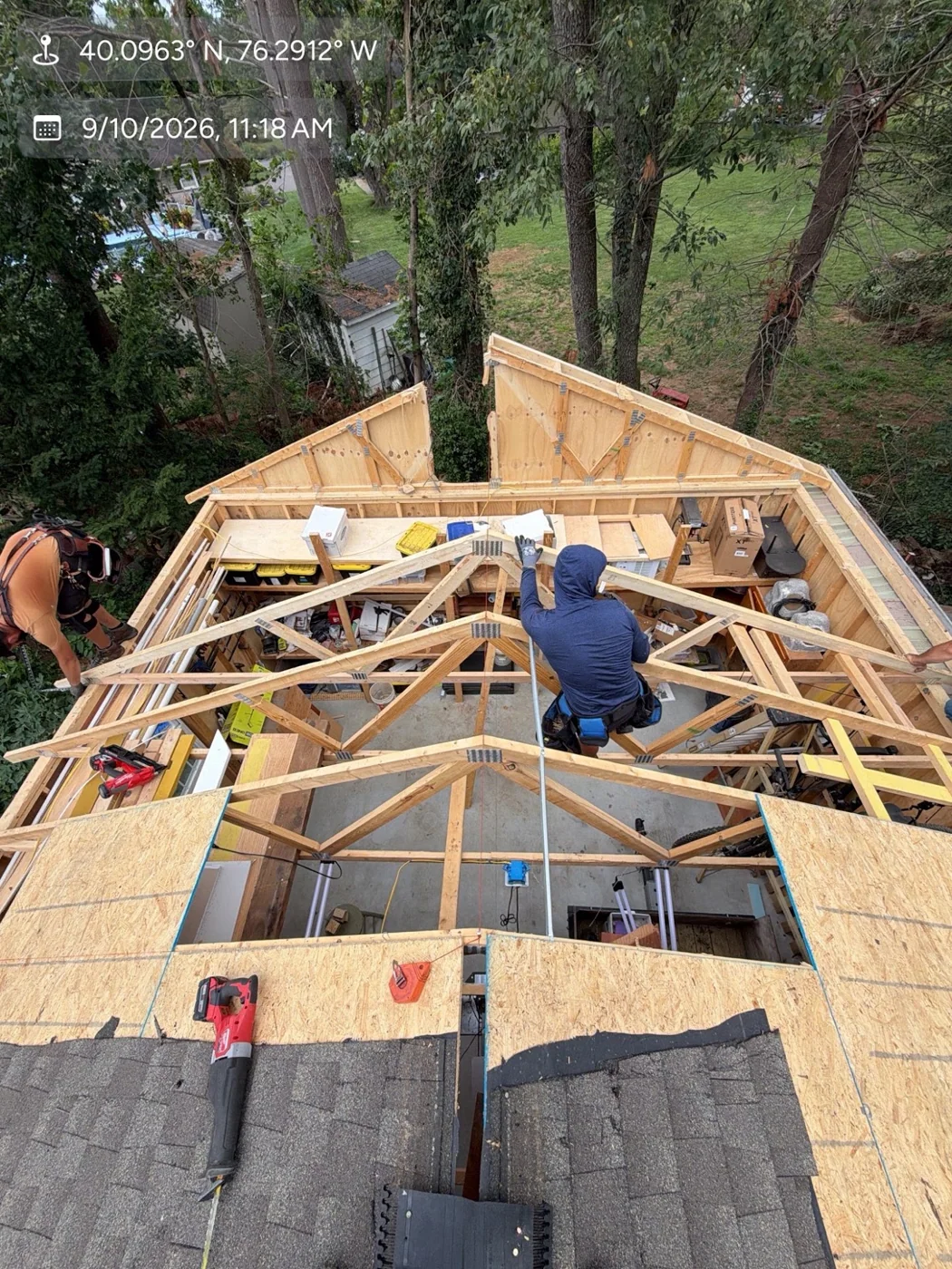 Detail view of wooden porch roof framing
